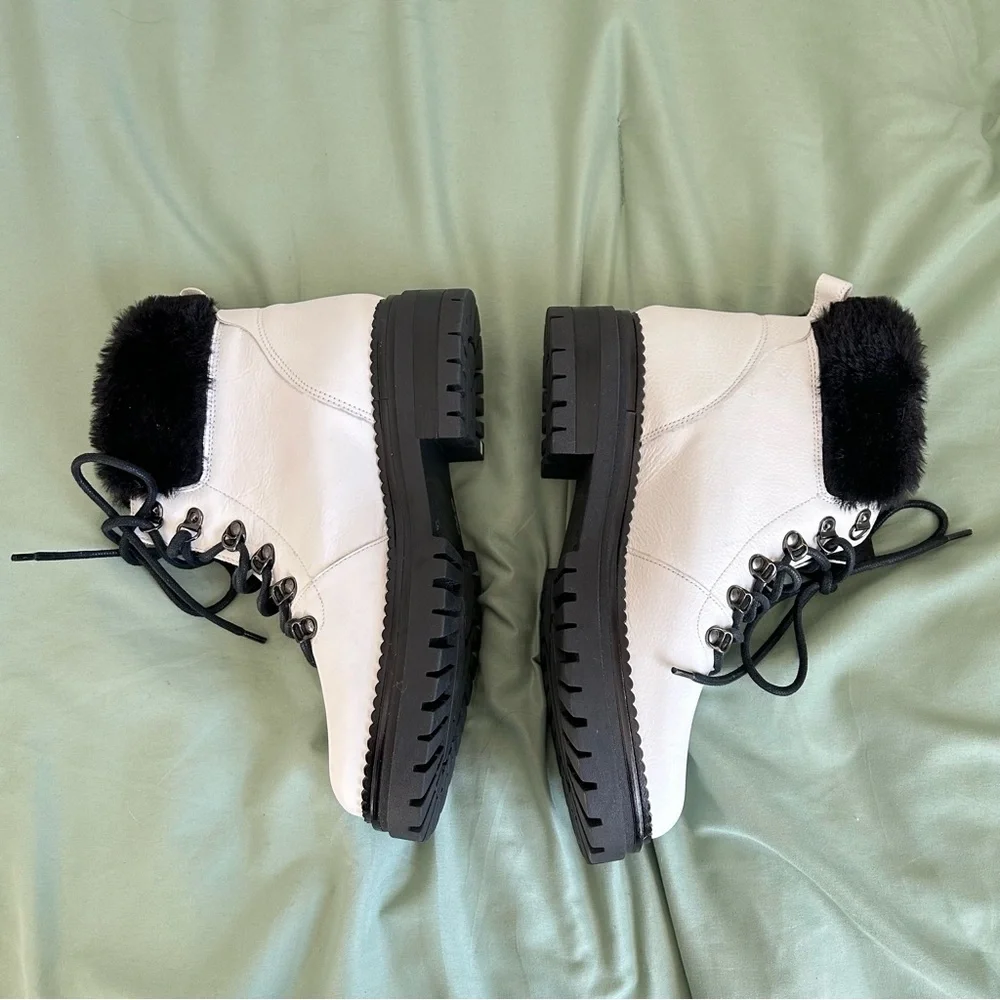 🩷M. GEMI WHITE LEATHER BLACK FUR WINTER LACE UP TRENDING ANKLE BOOTS SIZE 9 - Picture 9 of 14